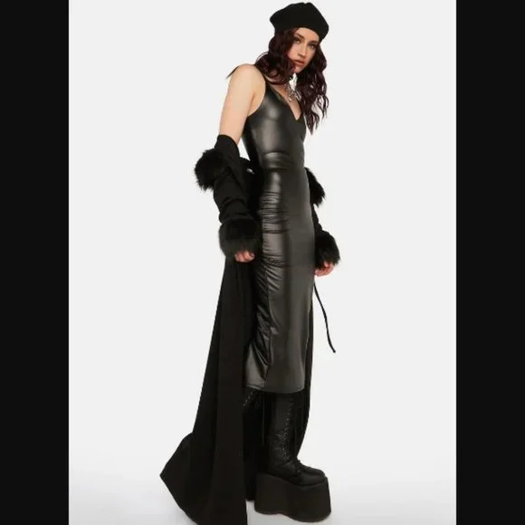 knee length dresses for ladies Sophia Pleather midi v dress main image 1
